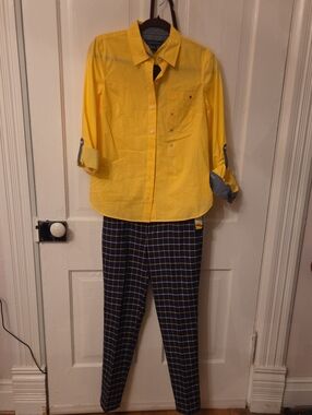 Tommy Hilfiger Yellow Button-Up Top with Navy Windowpane Pants
